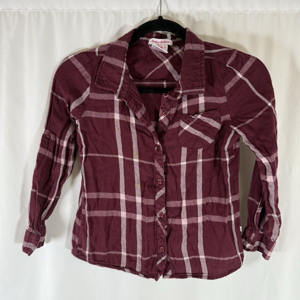 Tommy Bahama Flannel Shirt Girls 10 Red Plaid Button Up Long Sleeve Lightweight